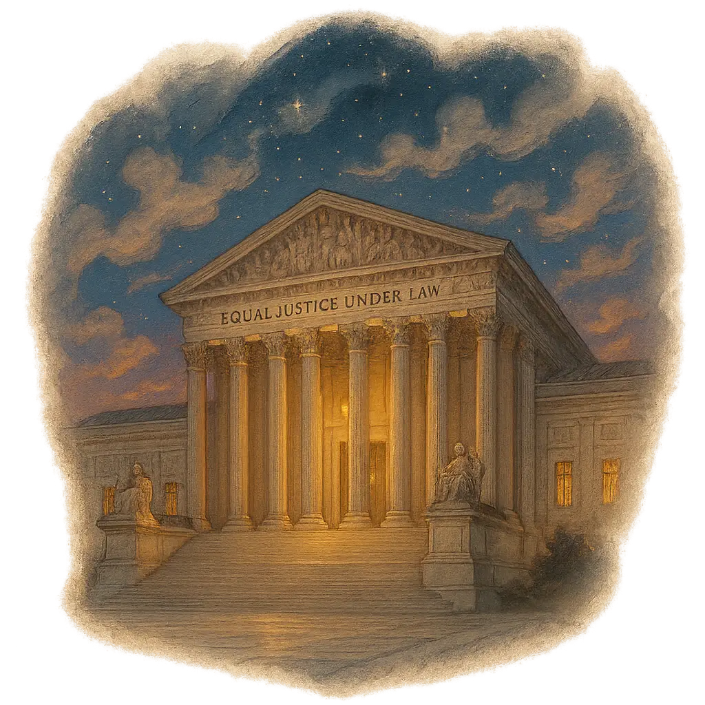 Illustration of the U.S. Supreme Court building at night with a warm, golden glow and subtle magical ambiance. The neoclassical architecture is highlighted under a twilight sky with soft, swirling clouds, evoking a slightly mystical, storybook atmosphere.